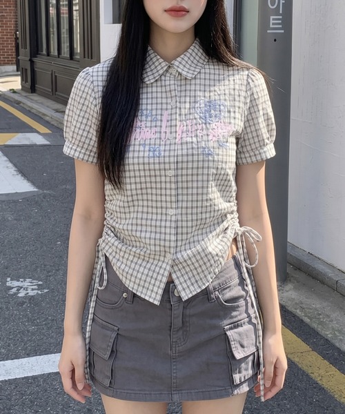 hooギンガムチェック シャーリング 半袖シャツ ブラウス シャツ 半袖 HOOK for girls サイドシャーリングチェック