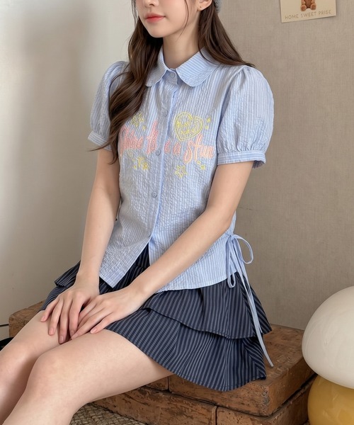 ブラウス シャツ 半袖 HOOK for girls サイドシャーリングチェック