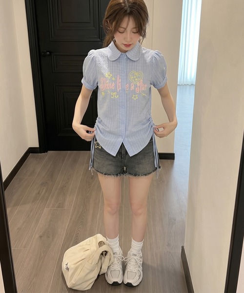 hooギンガムチェック シャーリング 半袖シャツ ブラウス シャツ 半袖 HOOK for girls サイドシャーリングチェック