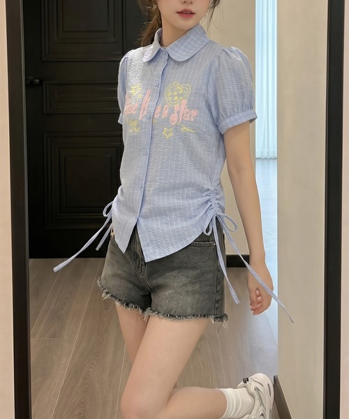 ブラウス シャツ 半袖 HOOK for girls サイドシャーリングチェック