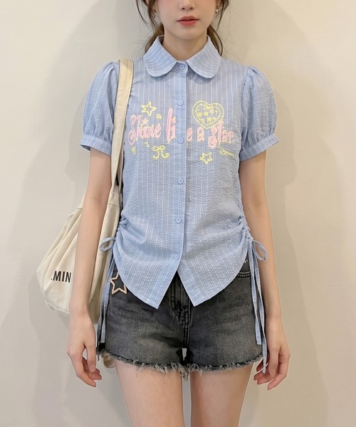 ブラウス シャツ 半袖 HOOK for girls サイドシャーリングチェック