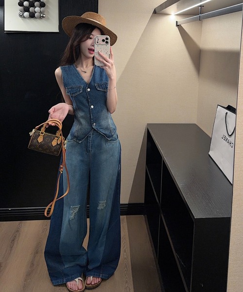 FAVORITO セットアップ デニムベストパンツセットアップ レディース