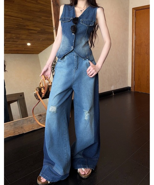 FAVORITO セットアップ デニムベストパンツセットアップ レディース