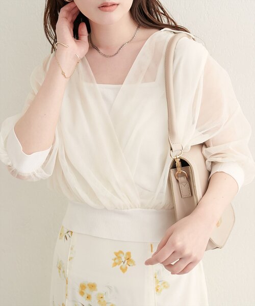 natural couture 衿付きチュールドッキングニット　モカ natural couture ニット セーター 衿付きチュールドッキングニット