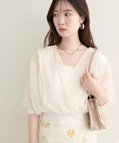 natural couture ニット セーター 衿付きチュールドッキングニット