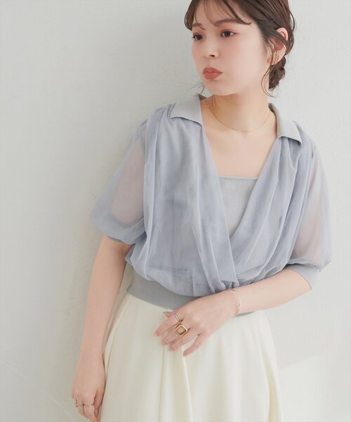 natural couture ニット セーター 衿付きチュールドッキングニット