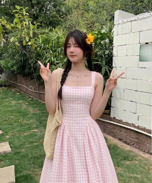 FREE STYLISTS ドレス ピンク チェック キャミソールワンピース フレア