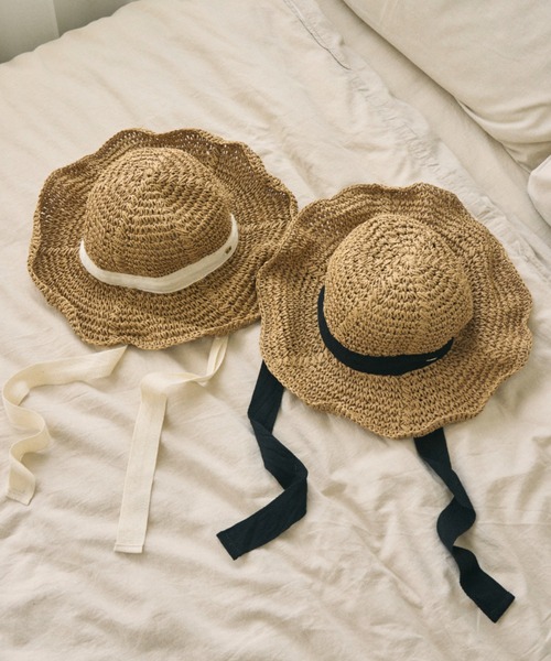 帽子 ハット ribbon straw hat/リボン付きストローハット