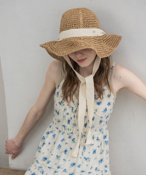 帽子 ハット ribbon straw hat/リボン付きストローハット