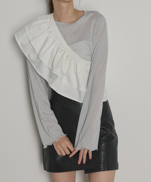 tシャツ ラメフリルカットTOPS レディース ParAvion tシャツ フリル襟付きラメメロートップス レディース
