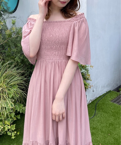 ★ChicLine★ シャーリングウィングスリーブフレアワンピース シャーリングフレアワンピース – charme