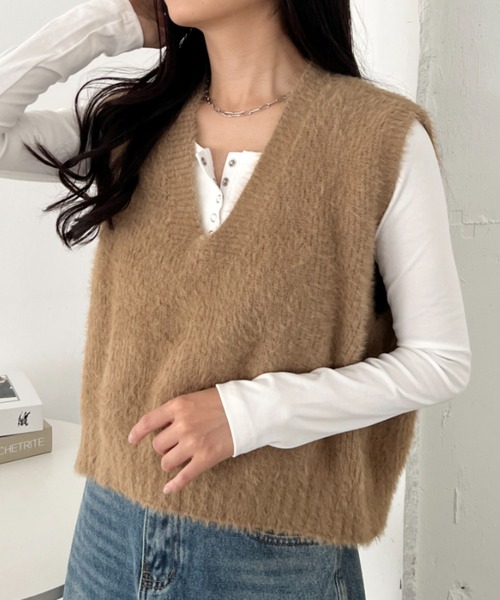 CLEA ベスト ジレ シャギーVネックニットベスト レディース : ZOZOTOWN