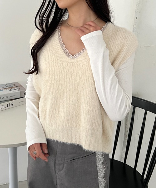 CLEA ベスト ジレ シャギーVネックニットベスト レディース : ZOZOTOWN