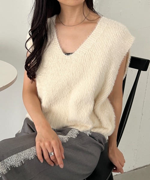 CLEA ベスト ジレ シャギーVネックニットベスト レディース : ZOZOTOWN