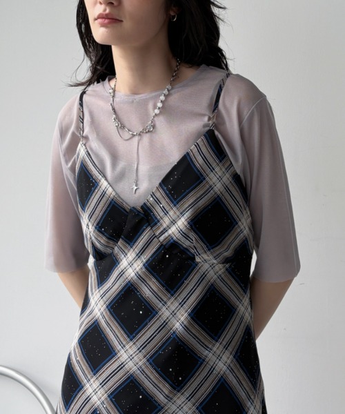 週末セール✨【定価53,350円】OBLI パープルチェックキャミワンピース／1 OBLI オブリ パープルチェックキャミワンピース 1 23SSND92-1