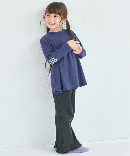タータンチェック　裾フリルコットンフレアパンツ:ネイビー fit=scale-down,w=1200