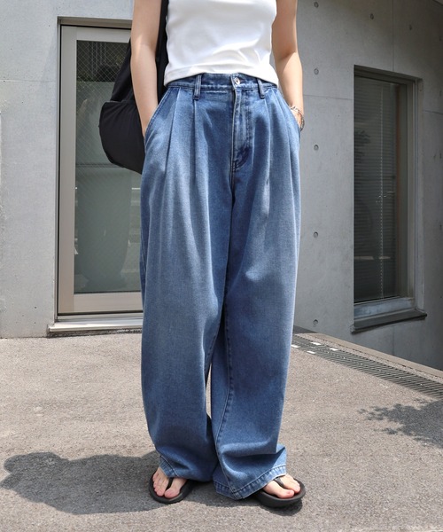 男女兼用 ワイドレッグ ジーンズ ストレートルーズ デニムパンツ ANME ジーンズ デニム デニムパンツ ルーズデニムタックワイド