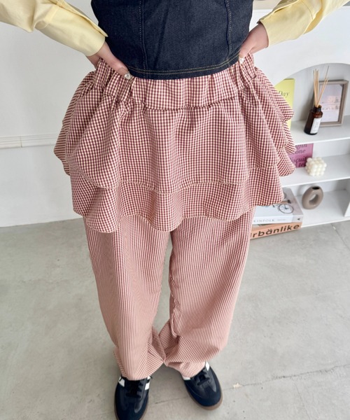 SOLLON.（ソルロン） パンツ ウエストフリルチェックパンツ レディース