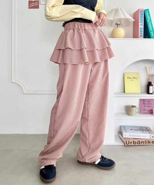 SOLLON.（ソルロン） パンツ ウエストフリルチェックパンツ レディース