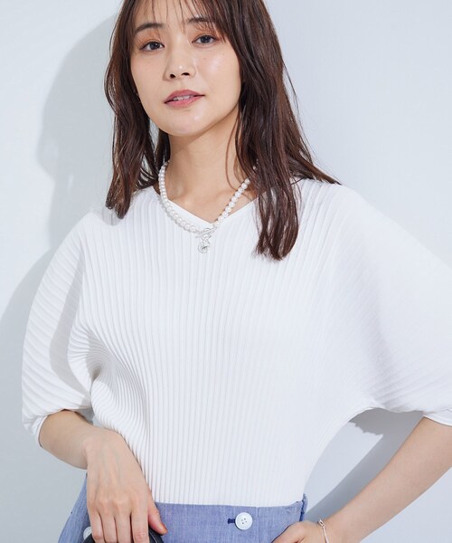 tシャツ 「二の腕カバー／スタイルアップ」ドライタッチストレッチニット レディースの画像