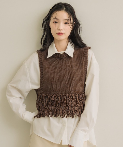 HYKE フリンジニットベスト ブラウン HYKE(ハイク)】 WOOL RIBBED SWEATER TOP WITH FRINGE｜PARIGOT ONLINE