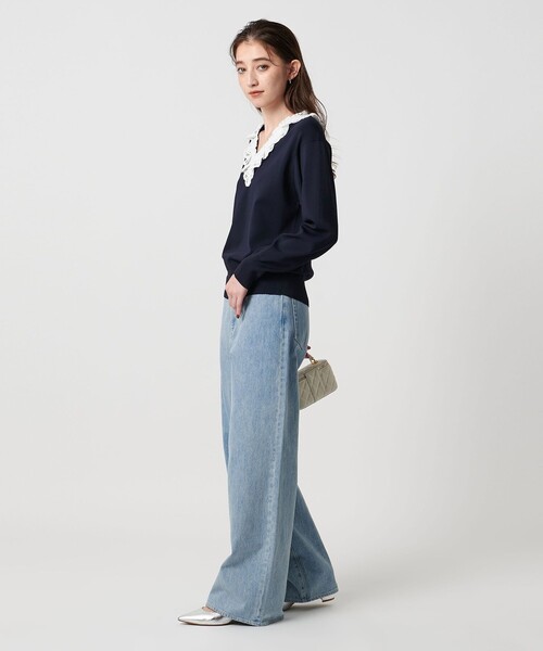 新品UNITED ARROWS スカラップレースフリルニットネイビー UNITED ARROWS スカラップ レース フリル ニット‐ウォッシャブル