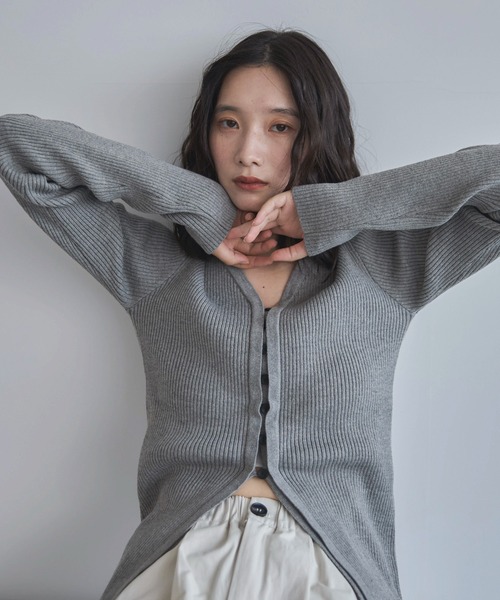 フォクシー 長袖リブニットカーディガン Vネック グレージュ 綿混 日本製 ROPE' PICNIC（ロペ ピクニック） カーディガン FOX混ニット