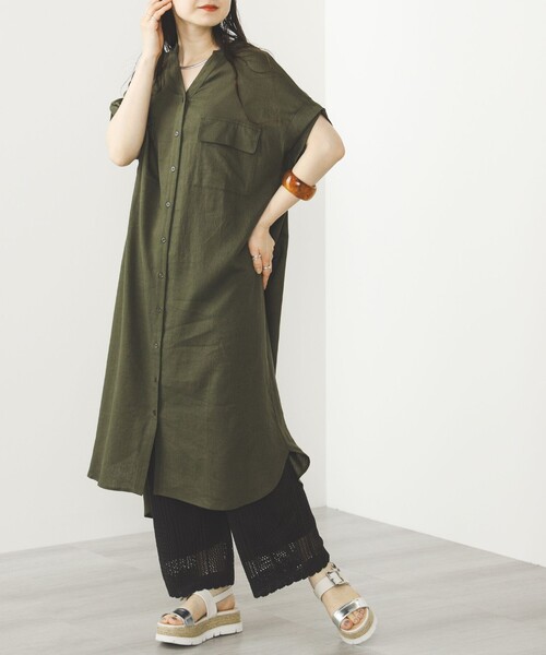 「BEAMS HEART」 半袖ワンピース FREE オリーブ レディース_画像4