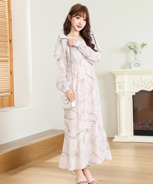 ANNTIAN 風景プリント ロングワンピース Anely ワンピース リボン プリント ロング ワンピース : ZOZOTOWN