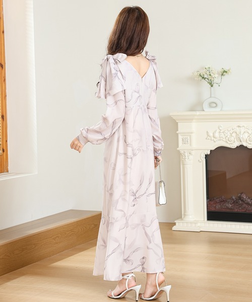 Anely ワンピース リボン プリント ロング ワンピース : ZOZOTOWN