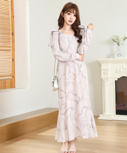 Anely ワンピース リボン プリント ロング ワンピース : ZOZOTOWN