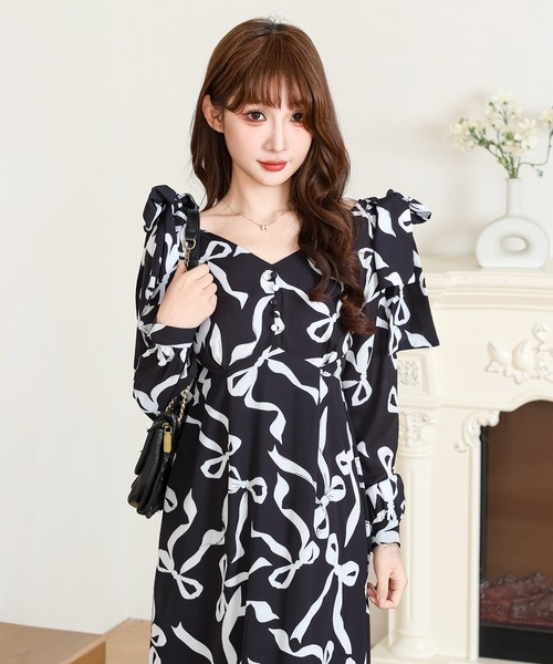 Anely ワンピース リボン プリント ロング ワンピース : ZOZOTOWN
