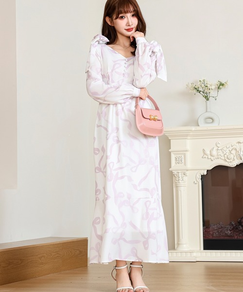Anely ワンピース リボン プリント ロング ワンピース : ZOZOTOWN