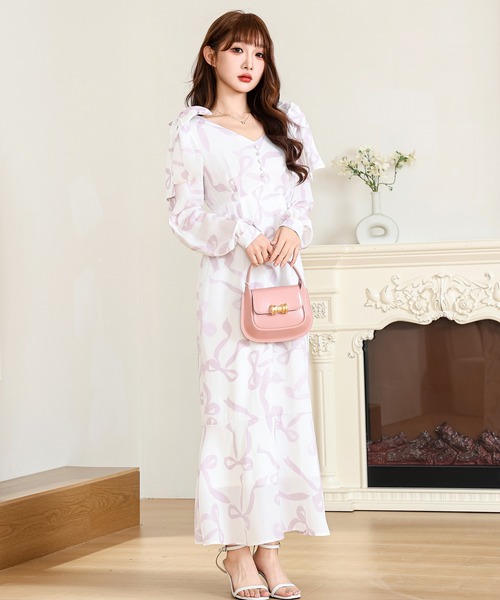 Anely ワンピース リボン プリント ロング ワンピース : ZOZOTOWN