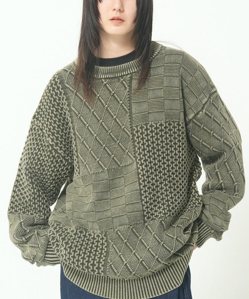 ROUGH TRADE セーター ニット ストーンウォッシュ加工 パッチワーク風