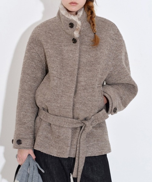 コート アウター フェイクファースタンドカラー ウールハーフコート