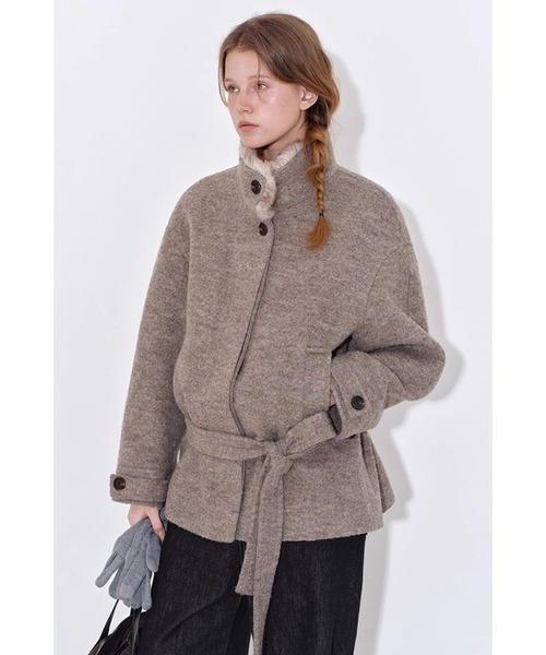 コート アウター フェイクファースタンドカラー ウールハーフコート