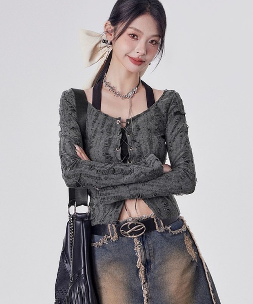 KTページ♡⃜ tシャツ Y2K星柄＆ロゴデザインVネックロングスリーブTシャツ