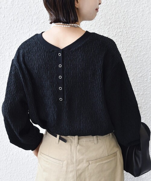 ＊ ウェーブ ニット トップス  ブラック 半袖 SHIPS（シップス） tシャツ 「WEB限定」「手洗い可能」ウェーブ