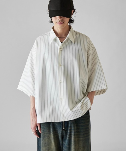 シャツ 「Neucon」WIDE SLEEVE PINSTRIPE OVER SHIRT / ワイドスリーブピンストライプオーバーシャツ メンズの画像