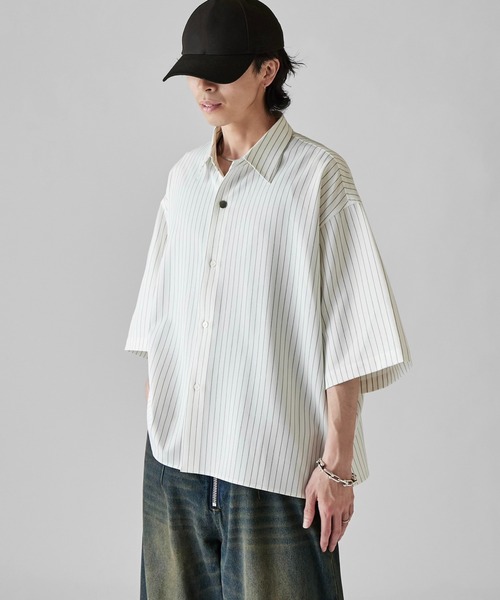シャツ 「Neucon」WIDE SLEEVE PINSTRIPE OVER SHIRT / ワイドスリーブピンストライプオーバーシャツ メンズの画像