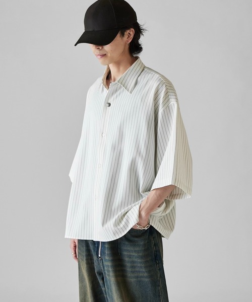 シャツ 「Neucon」WIDE SLEEVE PINSTRIPE OVER SHIRT / ワイドスリーブピンストライプオーバーシャツ メンズの画像
