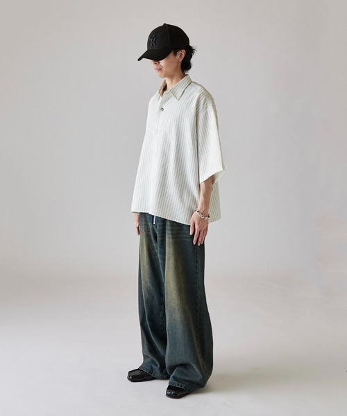 シャツ 「Neucon」WIDE SLEEVE PINSTRIPE OVER SHIRT / ワイドスリーブピンストライプオーバーシャツ メンズの画像