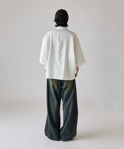 シャツ 「Neucon」WIDE SLEEVE PINSTRIPE OVER SHIRT / ワイドスリーブピンストライプオーバーシャツ メンズの画像