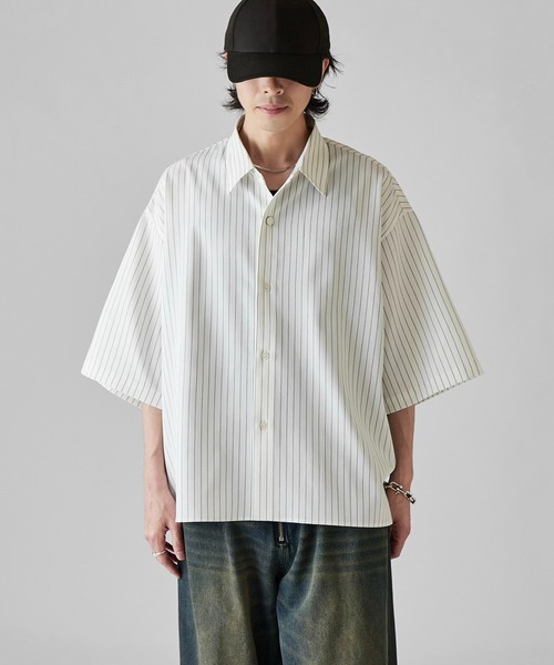 シャツ 「Neucon」WIDE SLEEVE PINSTRIPE OVER SHIRT / ワイドスリーブピンストライプオーバーシャツ メンズの画像