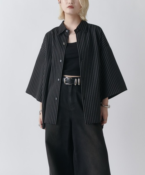 シャツ 「Neucon」WIDE SLEEVE PINSTRIPE OVER SHIRT / ワイドスリーブピンストライプオーバーシャツ メンズの画像