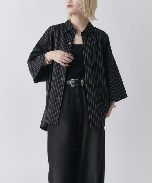 シャツ 「Neucon」WIDE SLEEVE PINSTRIPE OVER SHIRT / ワイドスリーブピンストライプオーバーシャツ メンズの画像
