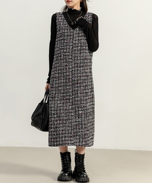 DAY CLOSET ジャンパースカート レディース ツイード風異素材MIX