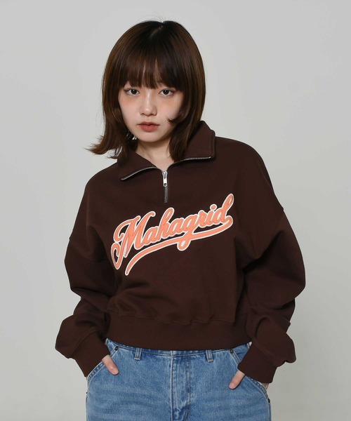 トレーナー スウェット 「mahagrid/マハグリッド」 SCRIPT LOGO CROP HALF ZIP UP/スクリプトロゴクロップハーフジッ