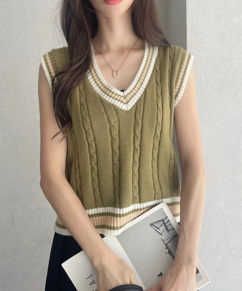 Ada. ベスト ジレ ケーブル編み チルデンニットベスト レディース